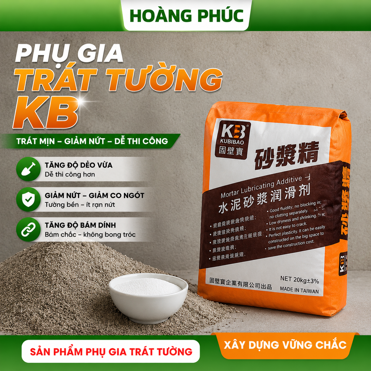 Phụ gia trát tường KB giúp tăng độ dẻo vữa, giảm nứt và tăng độ bám dính cho bề mặt tường. Sản phẩm hỗ trợ thi công dễ dàng, giúp tường phẳng mịn và bền chắc hơn sau hoàn thiện. Phù hợp sử dụng cho công trình dân dụng, nhà xưởng và thi công trát tường chuyên nghiệp.